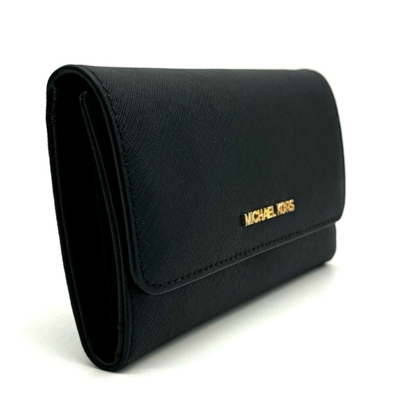 Michael Kors Large Trifold Wallet Black/Gold - Picture 4 of 8